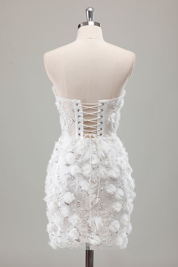 Ivory Strapless Beaded Tight Short Wedding Dress with Appliques